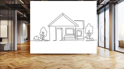 Continuous one line drawing of green little house with garden trees at village. Nature home architecture hand drawn minimalist concept. Modern single line draw design vector graphic illustration Wall mural