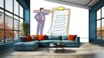 Continuous one line drawing positive businessman with giant pencil on shoulder nearby marked checklist clipboard paper. Successful completion of business tasks. Single line design vector illustration Wall mural