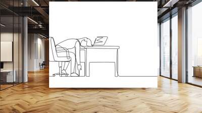 Continuous one line drawing professional burnout syndrome. Exhausted sick tired female manager in office sad boring sitting with head down on laptop. Single line design vector graphic illustration Wall mural