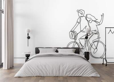 Continuous one line drawing romantic couple having fun on date riding bicycle. Back view of romantic teenage couple ride bike. Young man and woman in love. Single line draw design vector graphic Wall mural