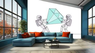 Continuous one line drawing two selfish astronaut fighting over the big diamond. Fight over diamond mines that make profit boost for cosmonaut. Conflict. Single line draw design vector illustration Wall mural