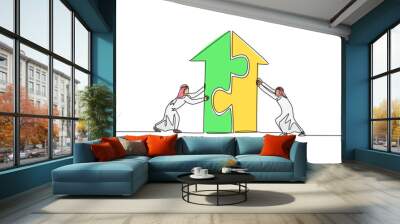 Continuous one line drawing two young handsome Arabian male workers pushing puzzle pieces to build a building. Business teamwork minimalist concept. Single line draw design vector graphic illustration Wall mural