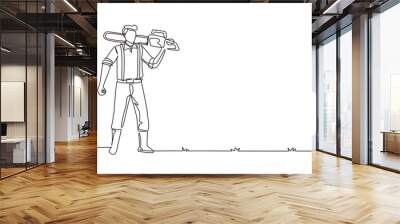 Continuous one line drawing woodcutter holding chainsaw on his back. Wearing suspender shirt, jeans and boots. Lumberjack pose on logging forest. Single line draw design graphic vector illustration Wall mural