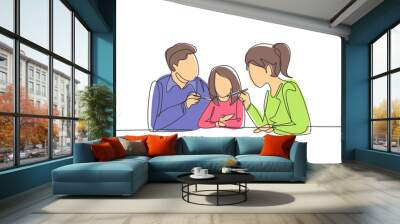 Continuous one line drawing young family having fun together in restaurant. Parents feeds they daughter with love. Happy little family concept. Single line draw design vector graphic illustration Wall mural