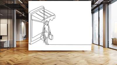 Continuous one line drawing young woman coming out of canopy smartphone screen holding shopping bags. Sale, digital lifestyle, consumerism concept. Single line draw design vector graphic illustration Wall mural