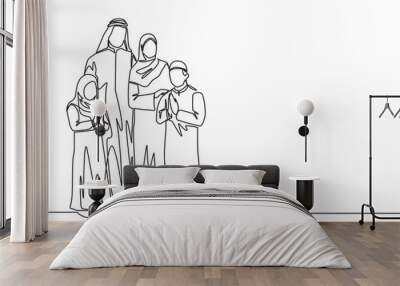 Eid Al Fitr Mubarak greeting card, banner and poster design. One continuous line drawing of muslim Arabian family - Islamic father, mother, daughter and son. Single line draw vector illustration Wall mural