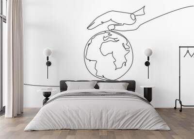 Hand hold globe earth. Single continuous line world global map graphic icon. Simple one line doodle for environment campaign concept. Isolated vector illustration minimalist design on white background Wall mural