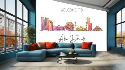 One continuous line drawing of Abu Dhabi city skyline, United Arab Emirates. Beautiful city landmark. World landscape tourism and travel . Editable stroke single line draw design vector illustration Wall mural