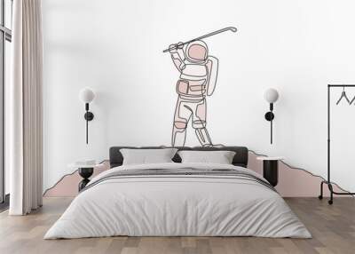 One continuous line drawing of astronaut golf training on moon surface, deep space galaxy. Spaceman healthy fitness sport concept. Dynamic single line draw design vector graphic illustration Wall mural