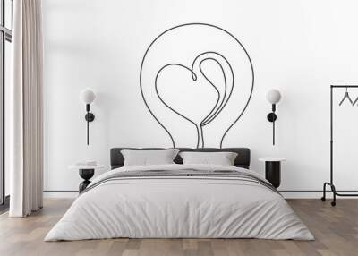 One continuous line drawing of shining lightbulb with power love icon logo emblem. Creative attraction symbol logotype template concept. Modern single line draw design graphic illustration Wall mural