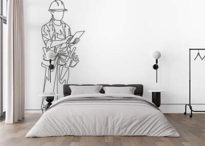 One continuous line drawing of young building foreman controlling workman work at construction site. Handyman house renovation service concept. Single line draw design illustration Wall mural