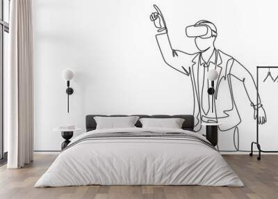 One continuous line drawing of young happy businessman pretending to touch button while wearing virtual reality helmet. Modern futuristic video game concept single line draw design vector illustration Wall mural