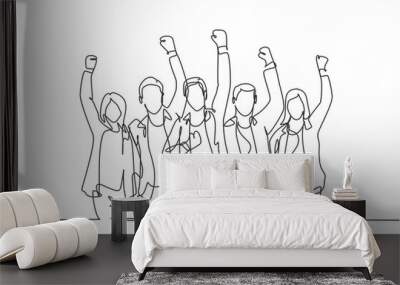 One continuous line drawing of young happy male and female worker raise their hands up to the sky together. Business teamwork celebration concept single line graphic draw design vector illustration Wall mural