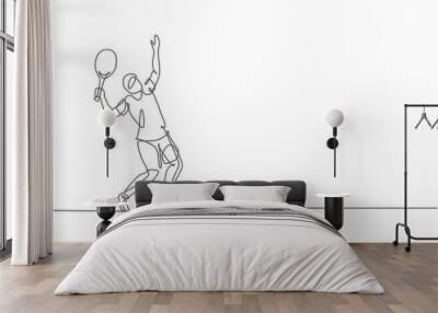 One continuous line drawing of young happy tennis player doing service and hit the ball. Competitive sport concept. Dynamic single line draw design vector illustration for tournament promotion poster Wall mural