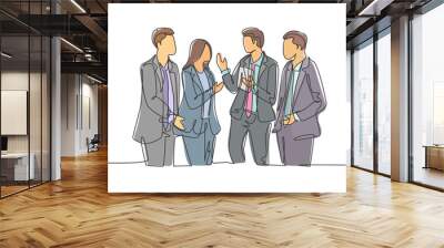 One continuous line drawing of young male and female employees have a little chat while a working break at the head office. Workers daily life concept single line draw design vector illustration Wall mural