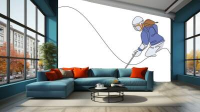 One continuous line drawing of young professional ice hockey player exercising and practicing on ice rink stadium. Healthy extreme sport concept. Dynamic single line draw design vector illustration Wall mural