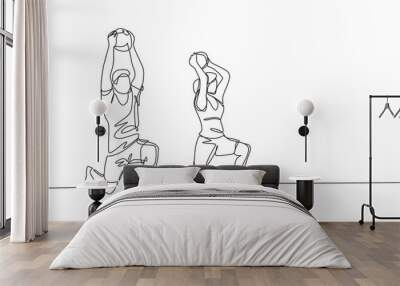 One continuous line drawing of young sporty man and woman working out with weight ball in fitness gym club center. Healthy fitness sport concept. Dynamic single line draw design vector illustration Wall mural