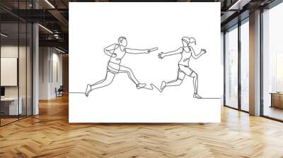 One continuous line drawing of young sporty runner man pass baton stick to his team mate. Healthy lifestyle and fun jogging sport concept. Dynamic single line draw design graphic vector illustration Wall mural