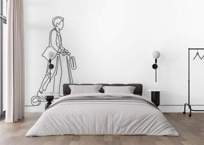 One continuous line drawing of young worker man ride electric scooter to go to the office. Green transportation. Future urban lifestyle concept. Dynamic single line draw design vector illustration Wall mural