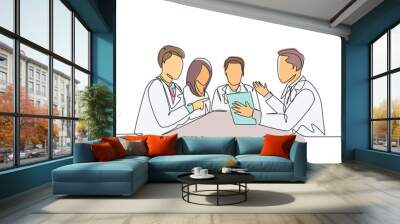 One continuous line drawing team of doctor diagnosing illness while reading patient medical record at the meeting room. Hospital health care concept single line draw graphic design vector illustration Wall mural