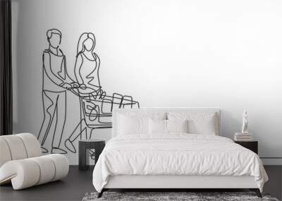 One continuous line drawing young happy romantic couple pushing trolley full of daily goods, vegetables, fruits, milk together. Shopping in grocery store concept. Single line draw design illustration Wall mural