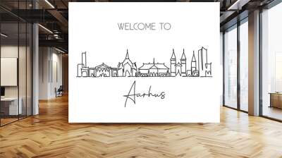 One single line drawing Aarhus city skyline, Denmark. World historical town landscape postcard. Best place holiday destination. Editable stroke trendy continuous line draw design vector illustration Wall mural