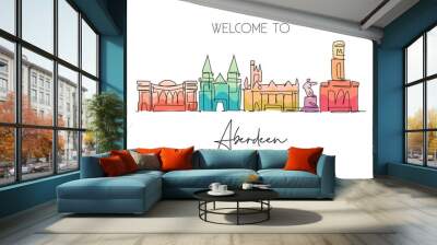 One single line drawing of Aberdeen city skyline, Scotland. Historical town landscape in the world. Best holiday destination wall decor poster. Trendy continuous line draw design vector illustration Wall mural