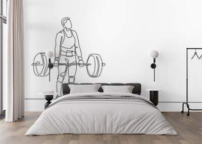 One single line drawing of fit young athlete muscular man lifting barbells working out at a gym vector illustration. Weightlifter preparing for training concept. Modern continuous line draw design Wall mural