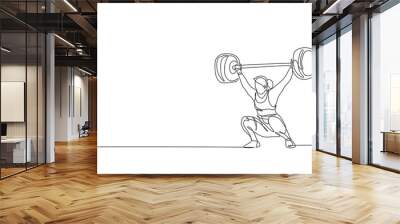 One single line drawing of fit young athlete muscular woman lifting barbells working out at a gym vector illustration. Weightlifter preparing for training concept. Modern continuous line draw design Wall mural