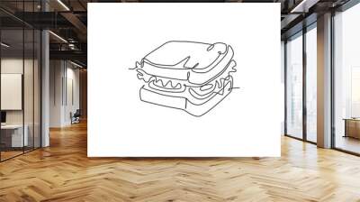 One single line drawing of fresh sandwich logo vector graphic art illustration. Hot dog fast food cafe menu and restaurant badge concept. Modern continuous line draw design street food logotype Wall mural