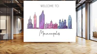 One single line drawing of Minneapolis city skyline, USA. Historical town landscape. Best holiday destination home wall decor poster print art. Trendy continuous line draw design vector illustration Wall mural