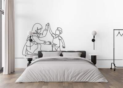 One single line drawing of young Arabian mom giving high five gesture to her son boy before go to school vector illustration. Happy Islamic muslim family parenting concept. Continuous line draw design Wall mural