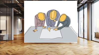 One single line drawing of young architects and manager meeting at construction site to discuss draft blueprint design. Building architecture business concept. Continuous line draw design illustration Wall mural