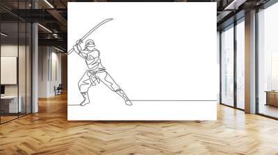 One single line drawing of young energetic Japanese traditional ninja holding samurai sword on attack pose vector illustration. Combative martial art sport concept. Modern continuous line draw design Wall mural