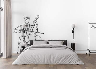 One single line drawing of young happy male cellist performing to play cello on classical orchestra concert. Musician artist performance concept continuous line graphic draw design vector illustration Wall mural