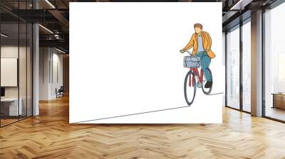 One single line drawing of young happy professional startup employee man ride bicycle to the coworking space vector illustration. Healthy commuter lifestyle concept. Modern continuous line draw design Wall mural