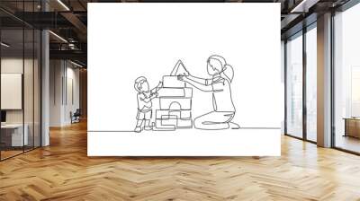 One single line drawing of young mom playing with her son building a house from foam puzzle block toy, parenting vector illustration. Happy family playing together concept. Continuous line draw design Wall mural