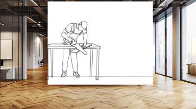 Single continuous line drawing builder or carpenter repairman sawing boards. Building, construction and repair work services. Business concept. Dynamic one line draw graphic design vector illustration Wall mural