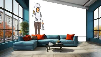 Single continuous line drawing female chef stands with a thumbs-up gesture and the cooking uniform prepares the ingredients to cook the best dishes. One line draw graphic design vector illustration Wall mural