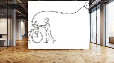 single continuous line drawing happy child disabled concept. hand drawn arab boy pushing little girl Wall mural