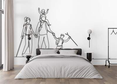 Single continuous line drawing happy family is hiking in the forest. Father, mother and children hiking and camping with backpack at nature. Dynamic one line draw graphic design vector illustration Wall mural