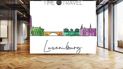 Single continuous line drawing Luxembourg city skyline. Famous city scraper landscape home wall decor poster print. World travel destination concept. Modern one line draw design vector illustration Wall mural