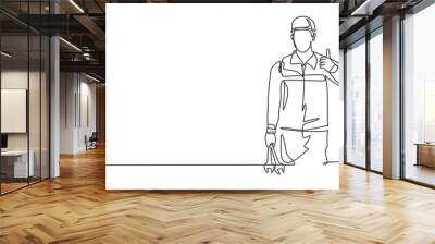 Single continuous line drawing mechanic with the gesture of lifting his thumb and holding the wrench works to fix a broken car engine in the garage. One line draw graphic design vector illustration. Wall mural