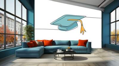 single continuous line drawing of gown graduation uniform set. graduation hat for bachelor. back to  Wall mural