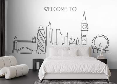 Single continuous line drawing of London city skyline. Famous city skyscraper landscape in world. World travel campaign home wall decor poster concept. Modern one line draw design vector illustration Wall mural