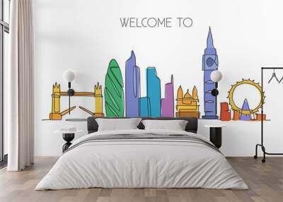 Single continuous line drawing of London city skyline. Famous city skyscraper landscape in world. World travel campaign home wall decor poster concept. Modern one line draw design vector illustration Wall mural