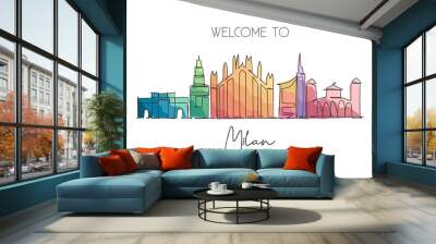 Single continuous line drawing of Milan city skyline, Italy. Famous city skyscraper landscape in world. World travel wall decor poster print concept. Modern one line draw design vector illustration Wall mural