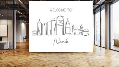 Single continuous line drawing of Nairobi city skyline, Kenya. Famous city scraper and landscape home wall art decor poster print. World travel concept. Modern one line draw design vector illustration Wall mural