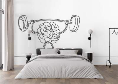 Single continuous line drawing of strong muscular human brain lifting barbell logo label. Fresh smart health character logotype icon concept. Modern one line draw graphic design vector illustration Wall mural