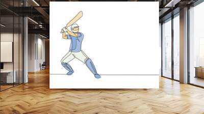 Single continuous line drawing of young agile man cricket player standing and ready to hit the ball vector illustration. Sport exercise concept. Trendy one line draw design for cricket promotion media Wall mural